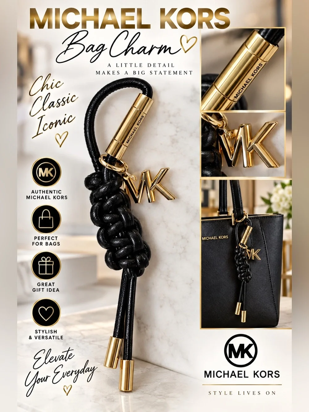 Michael Kors NWT Black & Gold Braided Leather Bag Charm